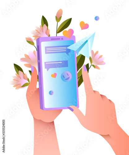 Vector illustration in flat style with female hands, smartphone, flowers, paper airplane. Social media clipart isolated on white with hearts, smiley faces. Messenger concept in trendy colors