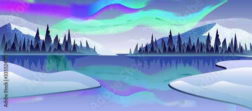 Vector horizontal landscape with lake, snow, ice, mountains, forest, northern lights. Winter panoramic view with Nordic pines, hills and night sky. Wild nature background in blue colors.