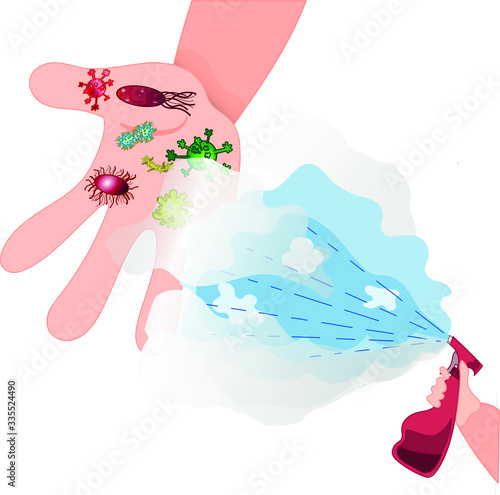 Disinfectant spray destroys viruses and bacteria on the hand Сartoon style