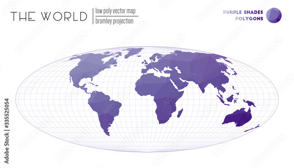 Abstract world map. Bromley projection of the world. Purple shades colored polygons. Neat vector illustration. Abstract world map. Bromley projection of the world. Purple shades colored polygons. Neat vector illustration.