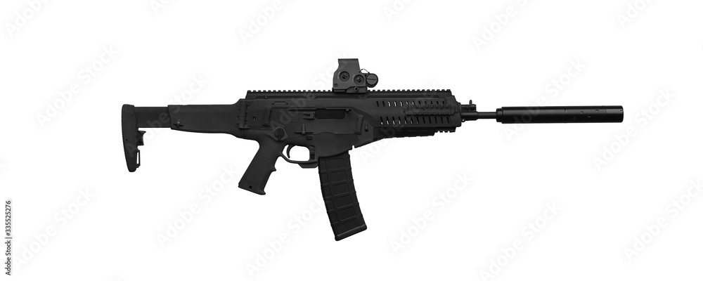 Modern automatic carbine with collimator sight isolate on white background. Weapons for the army, police and special forces.