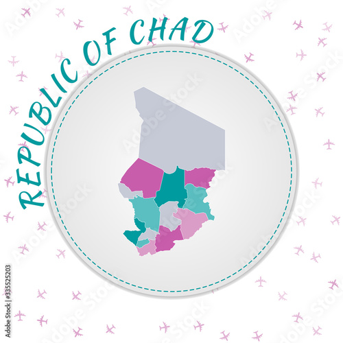 Chad map design. Map of the country with regions in emerald-amethyst color palette. Rounded travel to Chad poster with country name and airplanes background. Astonishing vector illustration.