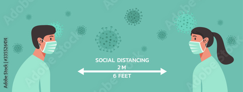woman and man character wearing surgical mask maintain social distancing to prevent from virus spreading and flu prevention, coronavirus, social isolation and self quarantine, new normal concept