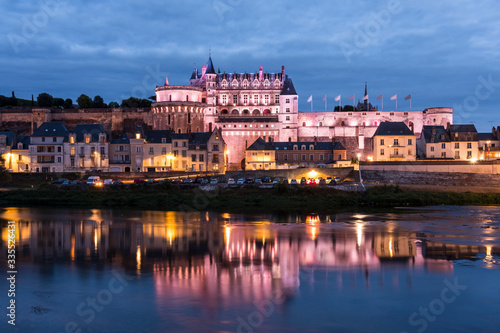 Amboise city on the Loire river with its castle on a summer night. (France)