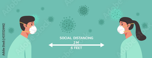 woman and man character wearing n95 mask maintain social distancing to prevent virus spreading, flu prevention, coronavirus, social isolation, self quarantine, new normal concept, vector illustration