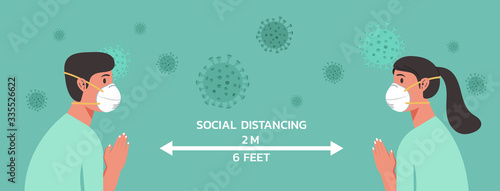 woman and man character with n95 mask make Thai Wai maintain social distancing to prevent virus spreading and flu prevention, coronavirus, social isolation and self quarantine, new normal concept