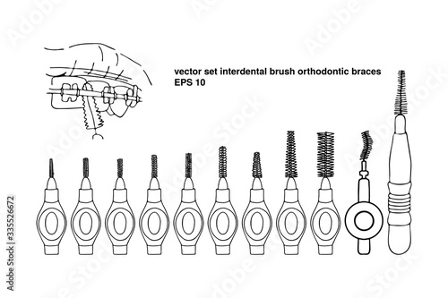 Set interdental brush orthodontic braces. Pipe-cleaner dental product personal oral hygiene at home in bathroom. Vector isolated flat doodle realistic drawing with black outline white background icon.