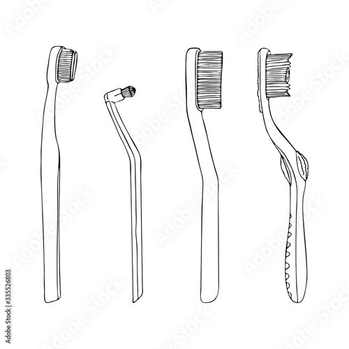 Set toothbrush for daily hygiene of oral cavity. Personal products for brushing teeth in bathroom home. Vector isolated template flat doodle realistic drawing with black outline white background icon.