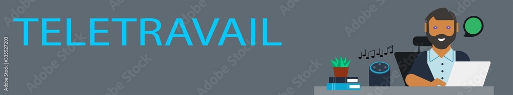 carte ou bandeau Télétravail homme travaillant à son ordinateur de chez lui sur fond gris carte ou bandeau Télétravail homme travaillant à son ordinateur de chez lui sur fond gris