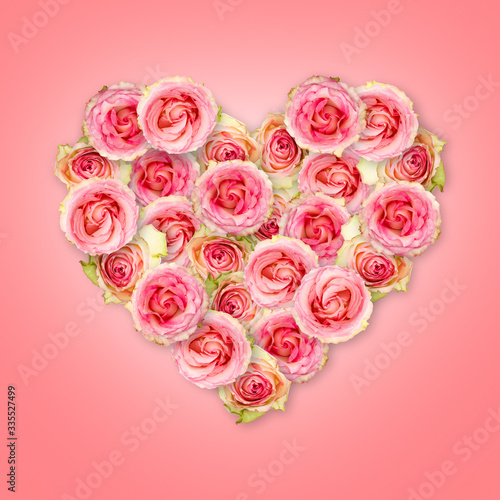 Bouquet of tea roses in the shape of a heart on a coral background. Valentine s Day.