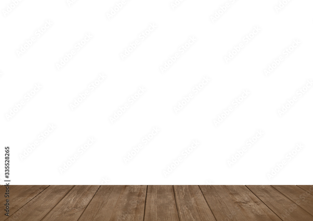 empty room with wooden floor, Background for photo studio with wooden table and white backdrop	