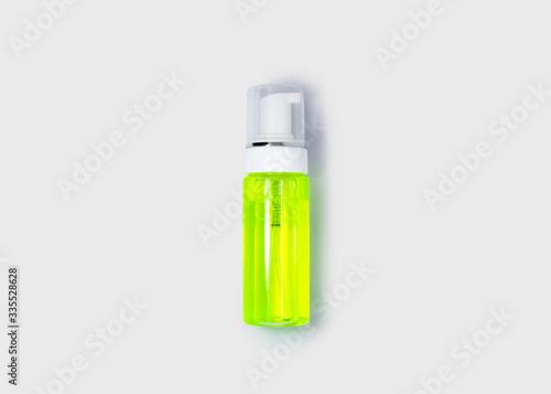 Plastic cosmetic foam pump bottle mock-up.High resolution photo.Top view.