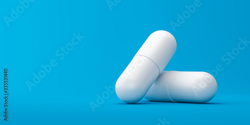 White capsule or painkillers with a pharmacy on a medical background. White pills for alleviating illness or fever. 3D rendering. photo