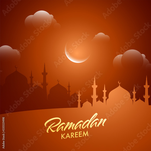 Islamic Holy Month of Ramadan Kareem Night Background with Mosque  Crescent Moon and Clouds.