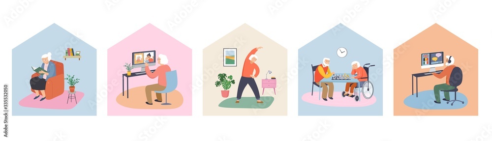 Elderly, old people, senior people at home, playing chess, chatting on computer with grandchildren, reading books, working out, learning languages. Vector illustration, cartoon set stock illustration Elderly, old people, senior people at home, playing chess, chatting on computer with grandchildren, reading books, working out, learning languages. Vector illustration, cartoon set stock illustration
