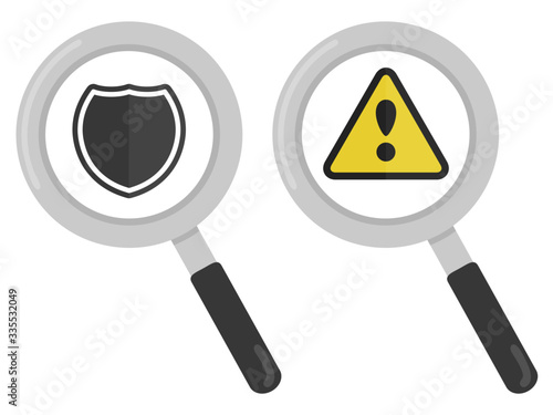 セキュリティと注意マークと虫眼鏡