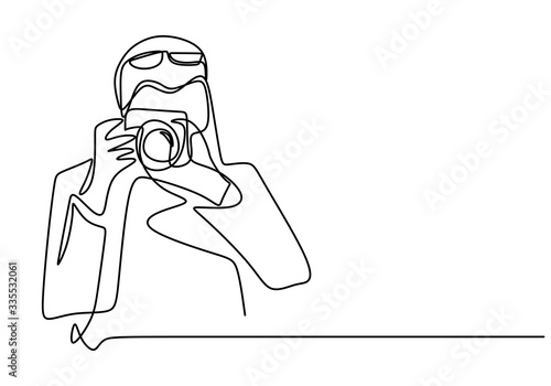 Photographer continuous one line illustration. Man taking picture. Guy shooting with photo camera. continuous one line drawing, vector illustration.