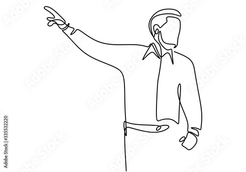 Continuous single drawn one line of person presentation standing to teaching, coaching, and presenting. People writing on the board to explain something. Flat line vector illustration