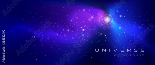 Vector abstract of cosmos. Illustration night sky, Cosmic Galaxy background with nebula, stardust and bright, light shining stars. Dark blue color of universe background for your design.
