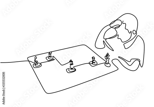 Continuous one line drawing of two people playing chess. Focus to playing. Pawn and queen chess pieces. Chess sport concept. Vector illustration.