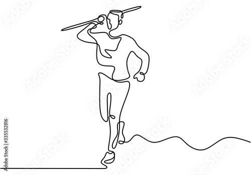 Continuous line drawing of javelin athlete. Young sporty man exercise to run stance before throw javelin on the field. Athletic games. Olympic sport concept. Vector illustration minimalism style.