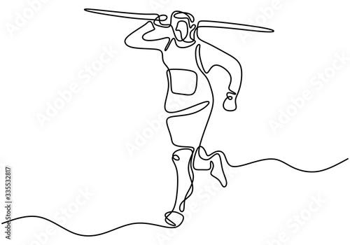 Continuous line drawing of javelin athlete. Young sporty man exercise to run stance before throw javelin on the field. Athletic games. Olympic sport concept. Vector illustration minimalism style.