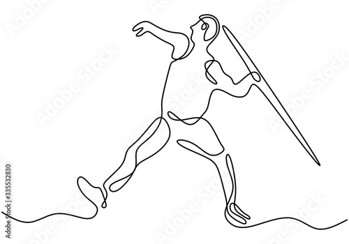 Continuous line drawing of javelin athlete. Young sporty man exercise to run stance before throw javelin on the field. Athletic games. Olympic sport concept. Vector illustration minimalism style.