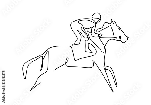 Continuous one line drawing rider on horseback. young horse rider man in jumping action. Equine training at racing track. Elegant sport. Equestrian sport show competition concept. Vector illustration