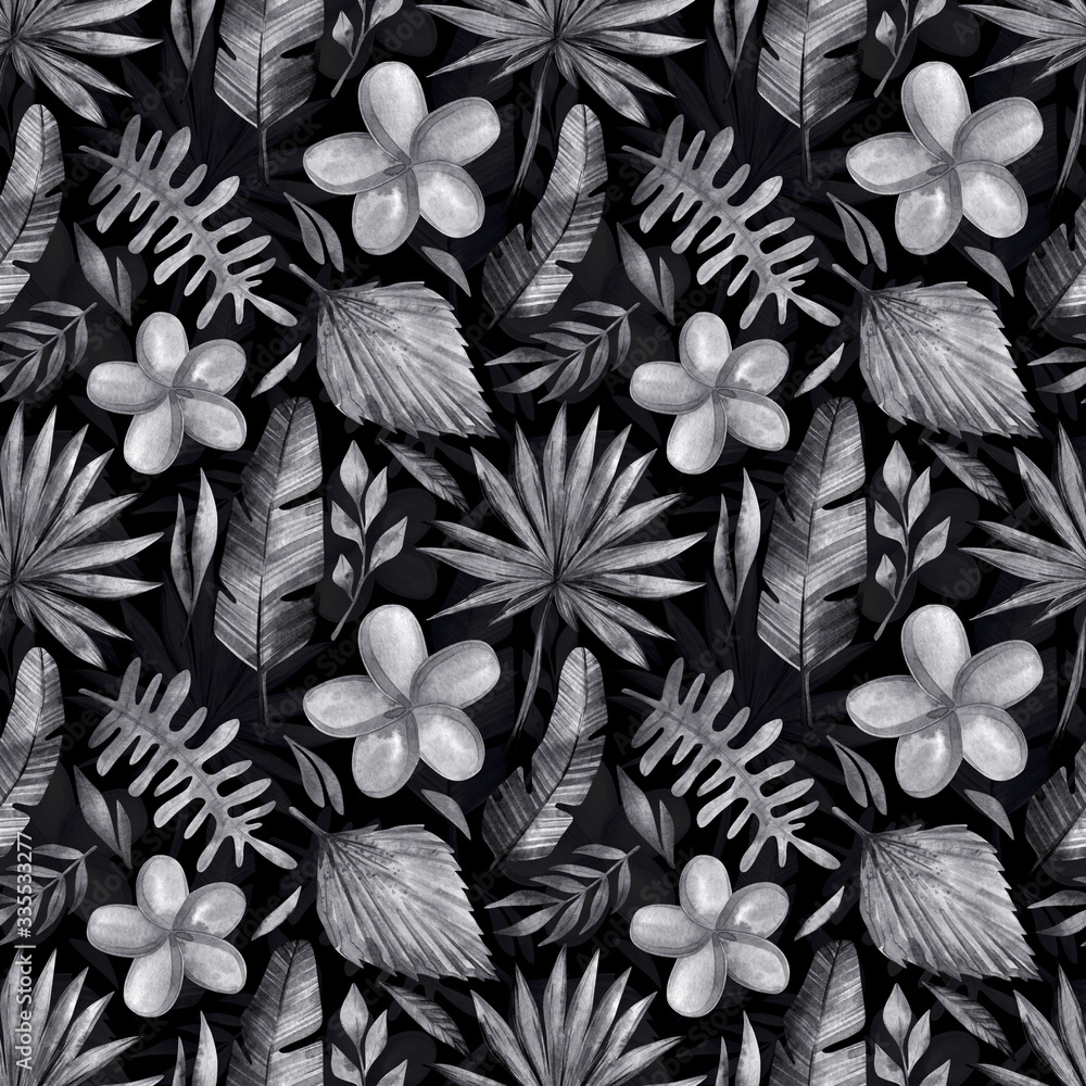 Watercolor hand-drawn seamless pattern with tropical black and white flowers and leaves. Background with summer jungle plants for wrapping, wallpaper, cover, textile, decoration