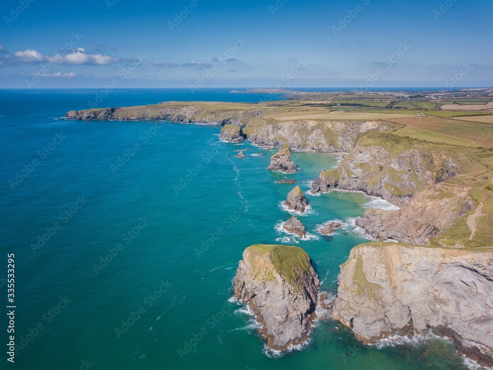 Aerial view of Bedruthan Steps cliffs, Newquay, Cornwall, UK