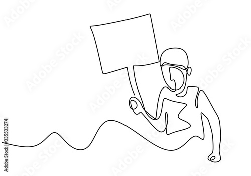 Continuous one line drawing man holding blank signboard. illustration concept photo