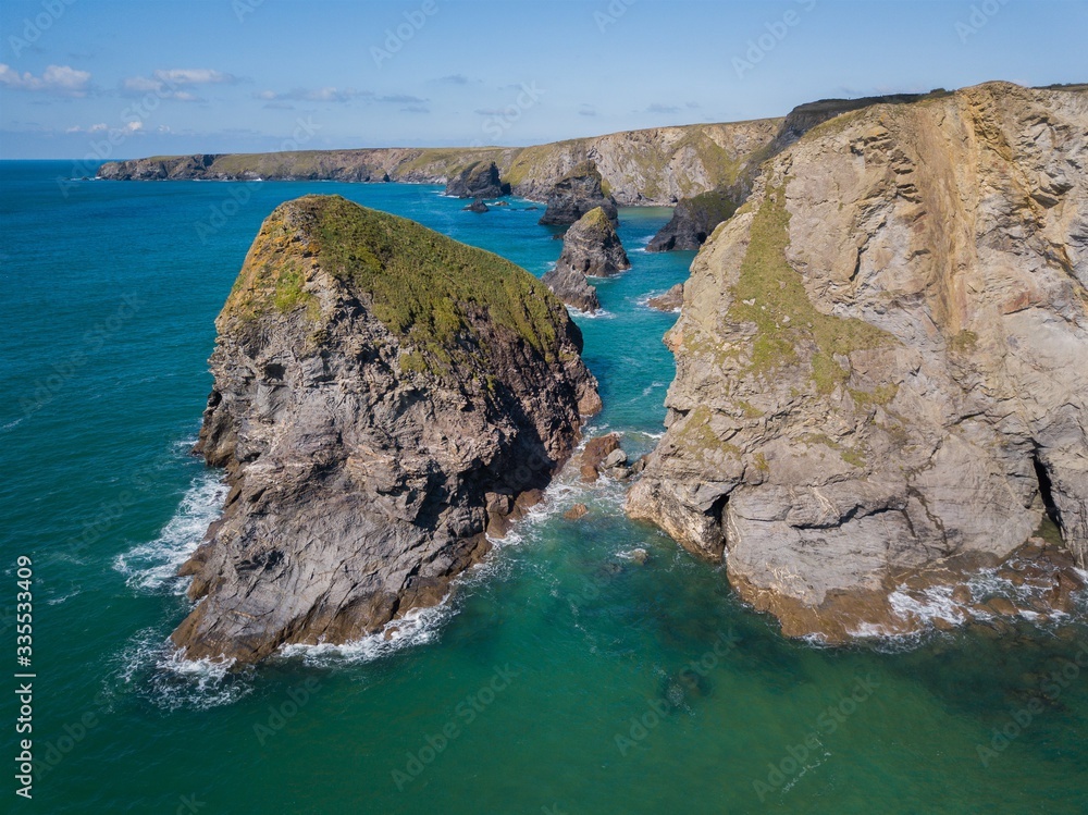 Aerial view of Bedruthan Steps cliffs, Newquay, Cornwall, UK