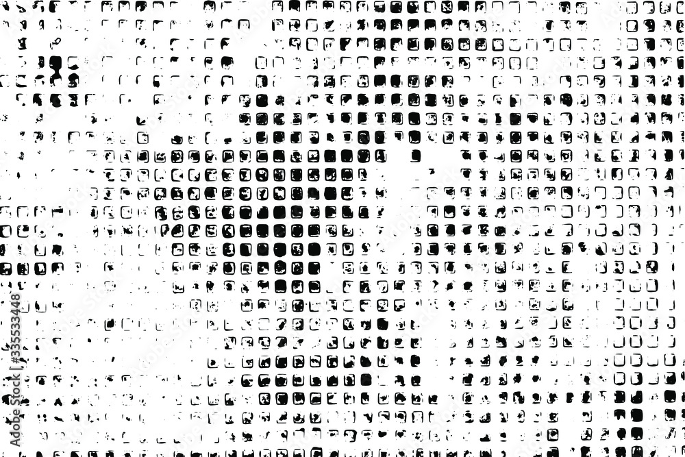 Grunge texture of uneven surface with small cells, dots, ink. Abstract monochrome background with careless spots and dirt in a geometric correct arrangement. Vector illustration. Overlay template.