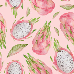 Papier peint photo Fruits aquarelle patrons Pitayas roses aquarelle motif estival  © Kate K.