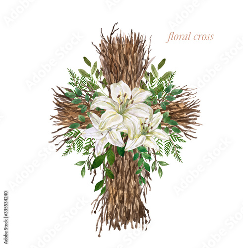 Easter floral cross illustration. Watercolor rustic wooden wreath with twigs ...