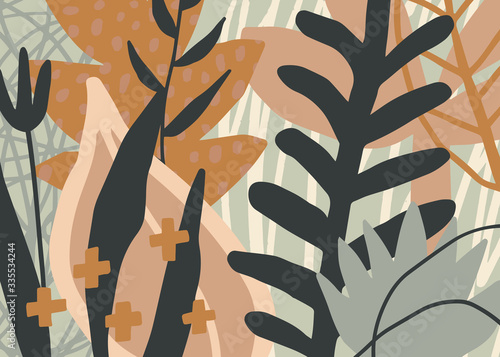 Abstract creative aesthetic background with plants and various graphic elements. Universal vector illustration for your design.