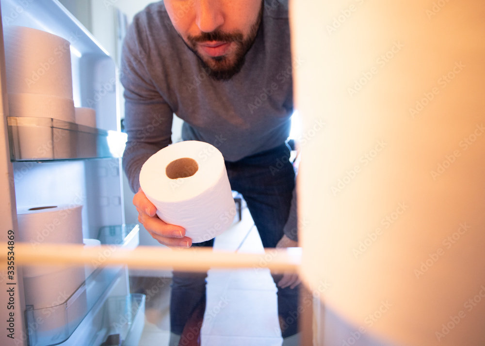 toilet paper in the refrigerator. Panic to buy toilet paper in all