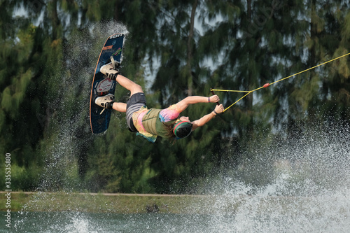  Young athlete Of Thailand is practicing sportWater Board at the wake park canal 6 on October 7, 2018. photo