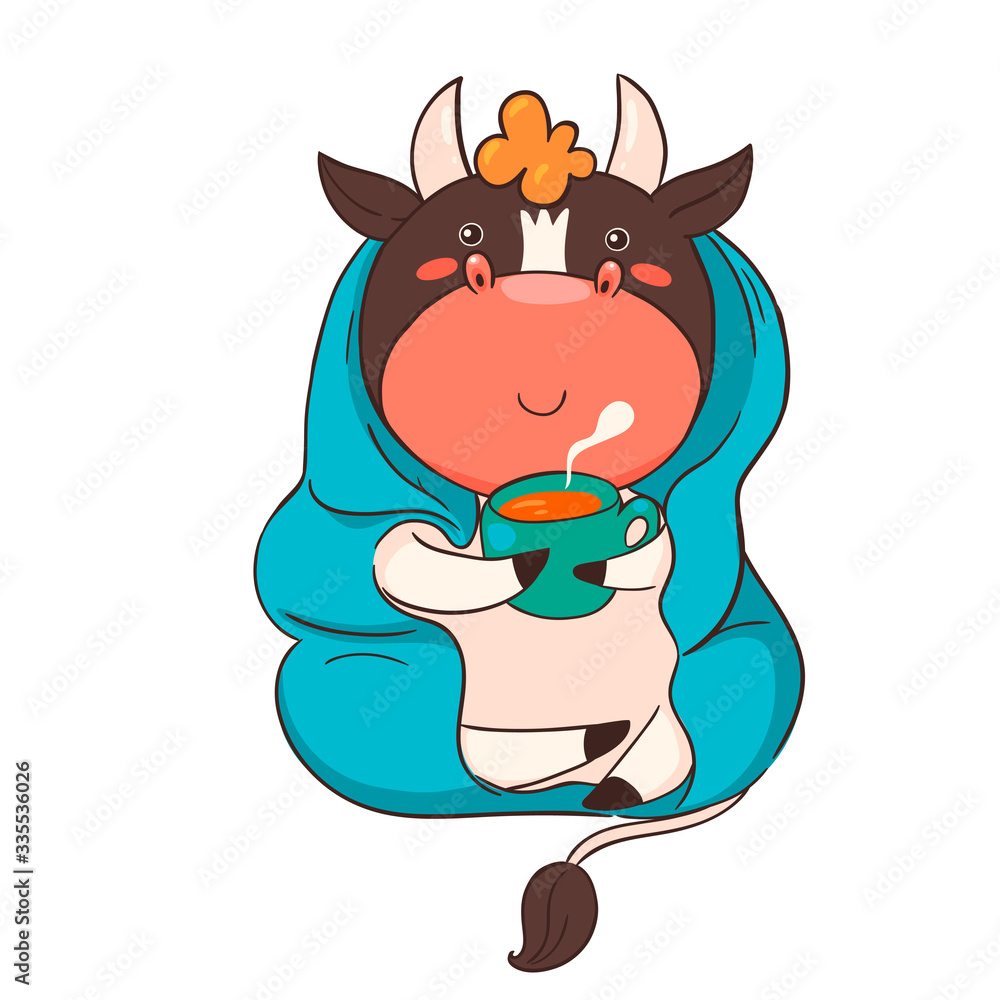 Naklejka premium Cartoon character bull wrapped in a plaid drink tea isolate on a white background. Vector graphics.