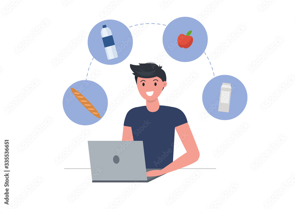 Man with laptop ordering food delivery online. Flat vector illustration.
Man with laptop ordering food delivery online. Flat vector illustration.