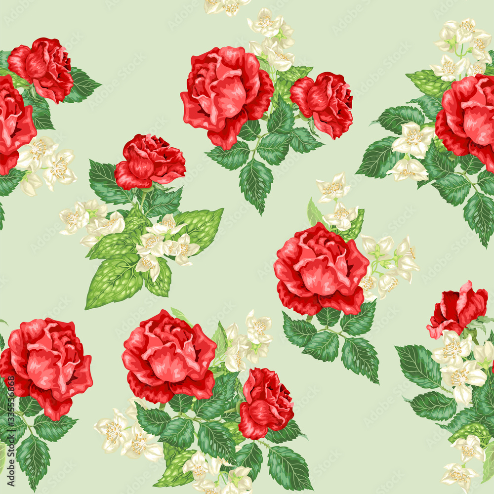 Rose and jasmine flowers in seamless pattern Rose and jasmine flowers in seamless pattern