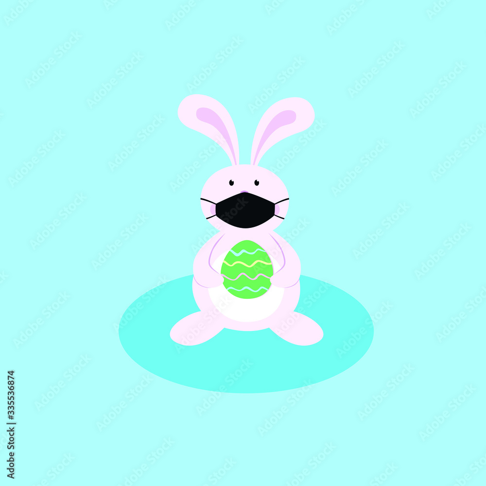 Cute white easter bunny rabbit with a black medical mask. Coronavirus time. Healthy Easter. Vector illustration. Background. Cute white easter bunny rabbit with a black medical mask. Coronavirus time. Healthy Easter. Vector illustration. Background.