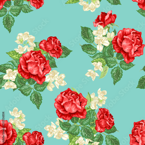 Rose and jasmine flowers in seamless pattern