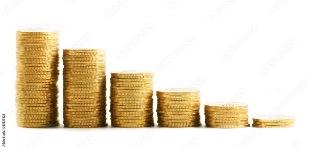 Decresing golden coin stacks, isolated on white background Decresing golden coin stacks, isolated on white background