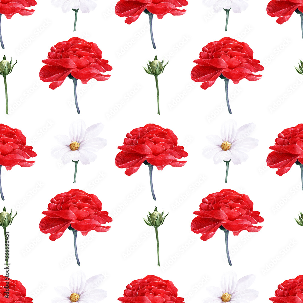 Obraz premium Watercolor seamless pattern with spring flowers, buds and twigs with leaves