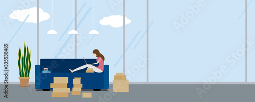 Online shopping design of woman using laptop computer on sofa at condominium vector illustration