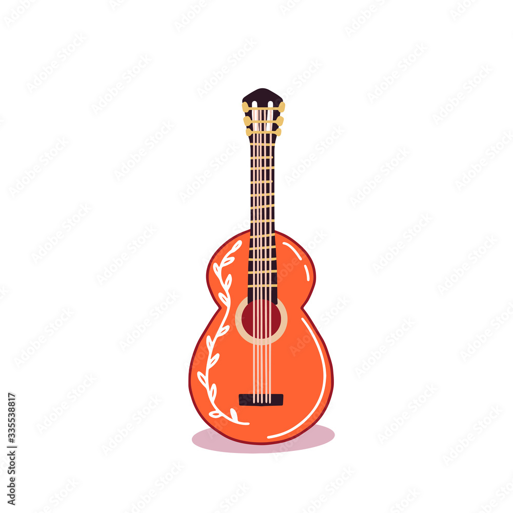 Obraz premium Illustration of a cute hand-drawn guitar isolated on a white background. An element on the theme of music, education, entertainment.