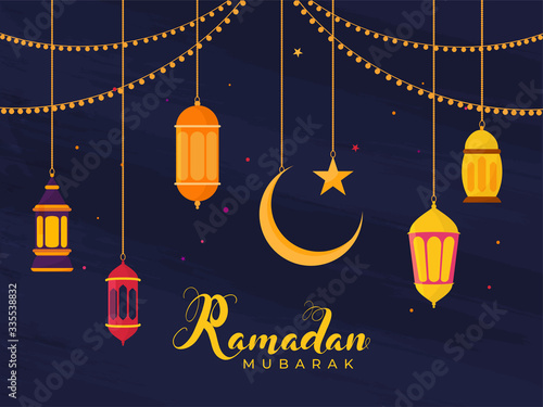 Islamic Holy Month of Ramadan Concept with Hanging Illuminating Lanterns, Moon, and Star on Blue Background.