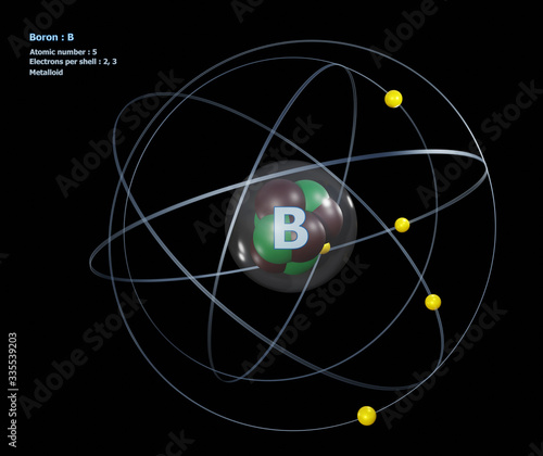 Atom of Boron with detailed Core and its 5 Electrons
