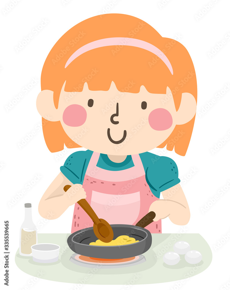 Kid Girl Cook Scrambled Egg Illustration Kid Girl Cook Scrambled Egg Illustration